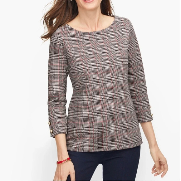 NWOT Talbots Petite Pearl Button Cuff 3/4 Sleeve Plaid Top P (0-2 Petite) - Picture 1 of 16